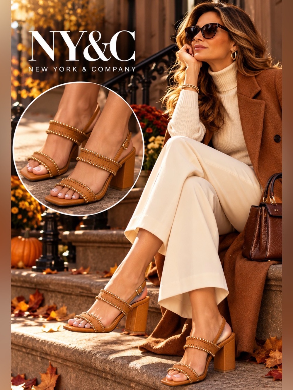 NWT New York & Company Cognac Studded Slingback Block Heels Size 10